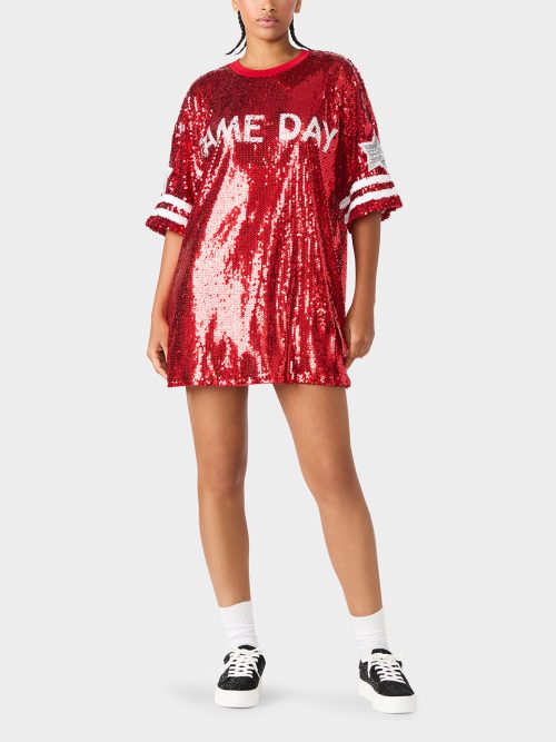 GAME DAY JERSEY SEQUIN DRESS RED