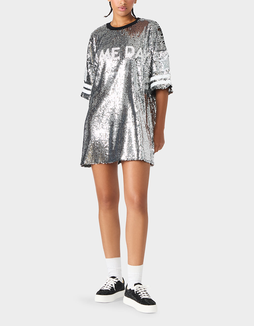GAME DAY JERSEY SEQUIN DRESS SILVER